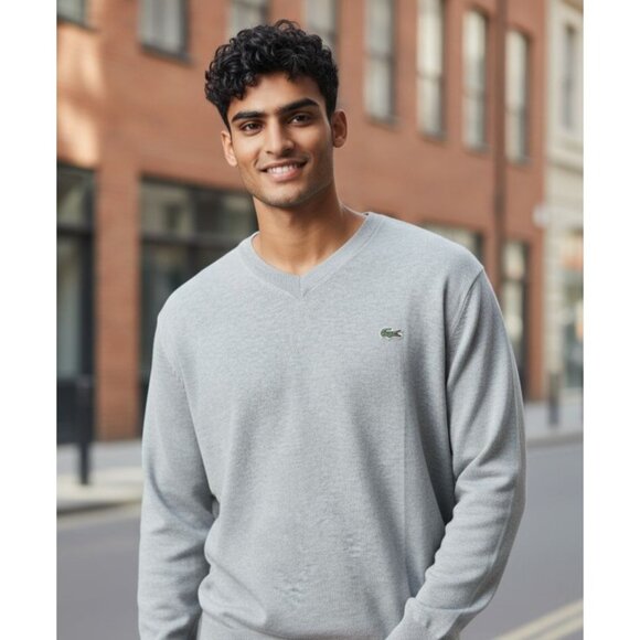 Lacoste Mens Sweater Size 6 Medium Cotton Gray V-Neck - Picture 1 of 9